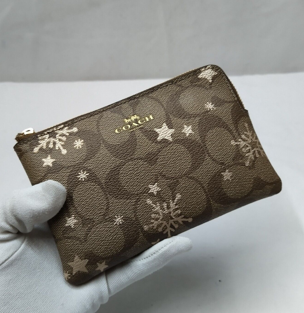 Coach Brown Leather Stars Snow Flakes Zipper Closure Wristlet - Coin Wallet